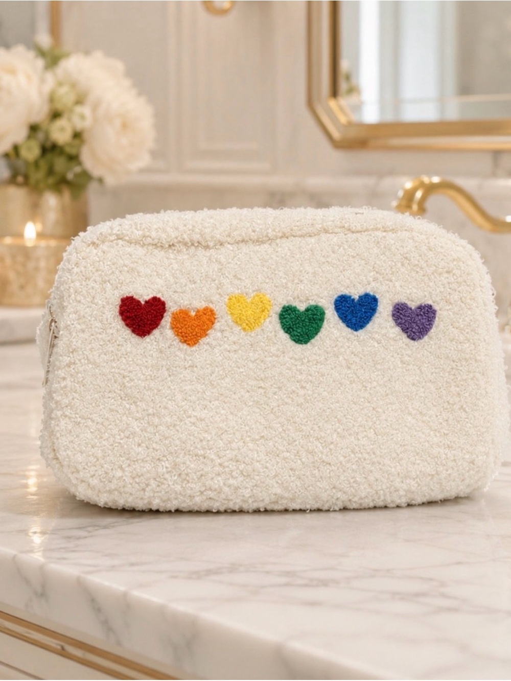 Plush Cream Rainbow Heart Cosmetic Pouch